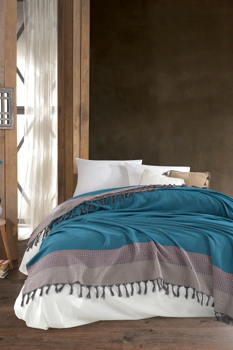 Türkische Decke in Queen-Size-Größe, gewebte Überwurfdecke für Couch, große Stranddecke, türkische Baumwoll-Überwurfdecke, Tagesdecke Queen 80 x 100 Zoll Turquoise