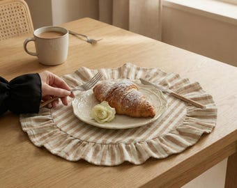 Handmade Beige Striped Ruffled Placemat, Cotton Linen Blend
