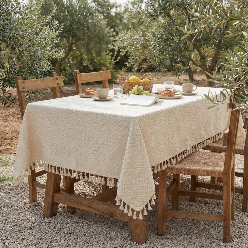 K&ouml;nnte beinhalten: Ein cremefarbenes rechteckiges Tischtuch mit einem strukturierten geometrischen Muster und Quastenfransen, auf einem Holztisch mit passenden St&uuml;hlen. Der Tisch ist mit Tellern, Tassen und einem Obstkorb gedeckt und schafft eine einladende Essszene im Freien.