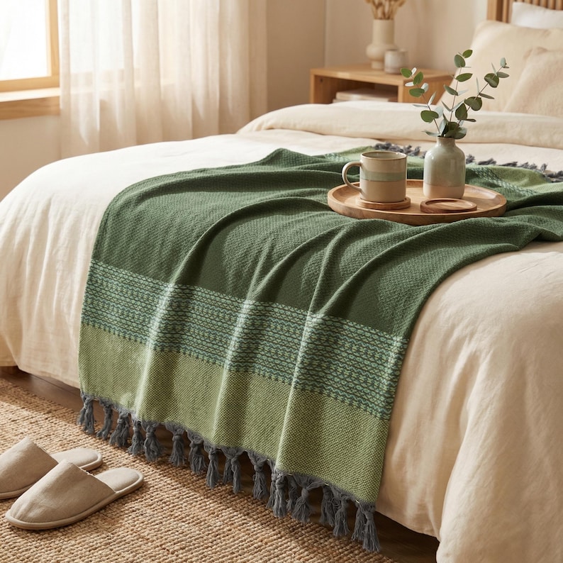 May include: A green throw blanket with a geometric pattern and gray fringe is draped over a bed. A wooden tray holds a mug, a coaster, and a small vase with greenery. Beige slippers rest on a woven rug.