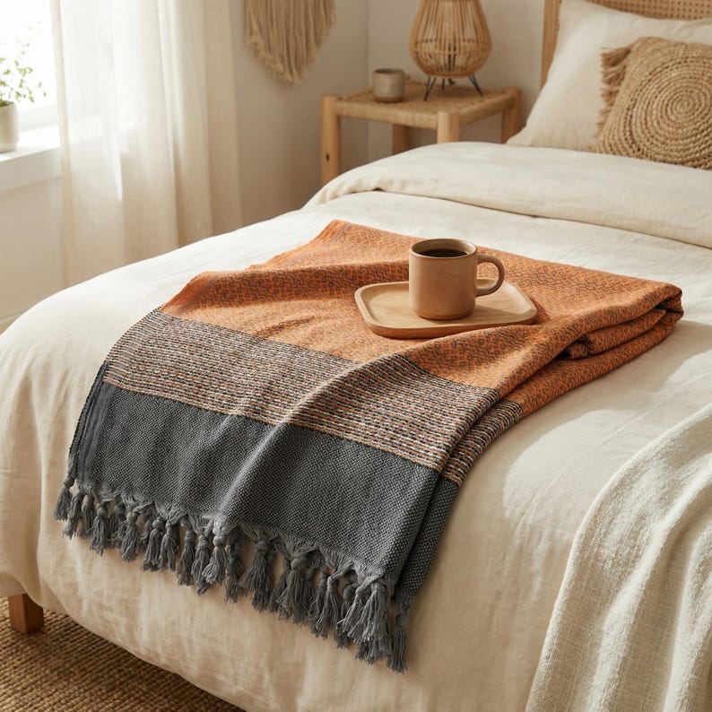 May include: A folded orange and gray throw blanket with fringe on a bed. The blanket has a textured pattern and is draped over a white bedspread. A mug of coffee sits on a wooden tray on top of the blanket.