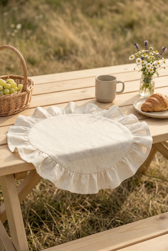 Round Ruffled Placemats for Table, Custom Placemats Set, Linen Placemats Washable, Farmhouse Decor