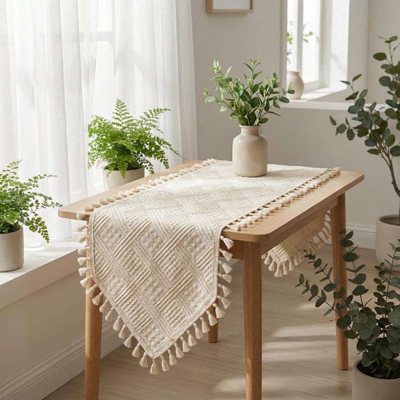 K&ouml;nnte beinhalten: Cremefarbener Tischl&auml;ufer mit geometrischem Muster und Quastenbesatz. Der L&auml;ufer liegt auf einem hellen Holztisch, im Hintergrund eine Vase mit Gr&uuml;n und Topfpflanzen. Der L&auml;ufer verleiht der Tischdekoration einen Hauch von Eleganz.