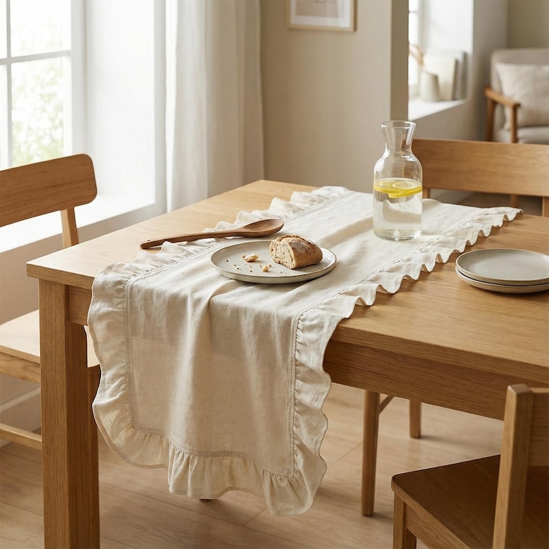 May include: A beige linen table runner with a ruffled edge is laid on a wooden table. A plate with bread, a wooden spoon, and a glass water pitcher with lemon slices are on the table. Two wooden chairs are visible.