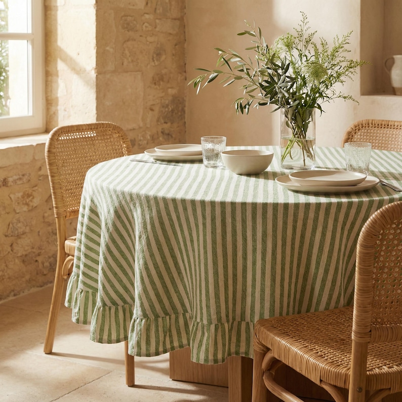 May include: A round table set for dining, featuring a green and white striped tablecloth with a ruffled edge. The table is surrounded by wicker chairs and set with plates, bowls, and glasses. A vase of greenery sits in the center.