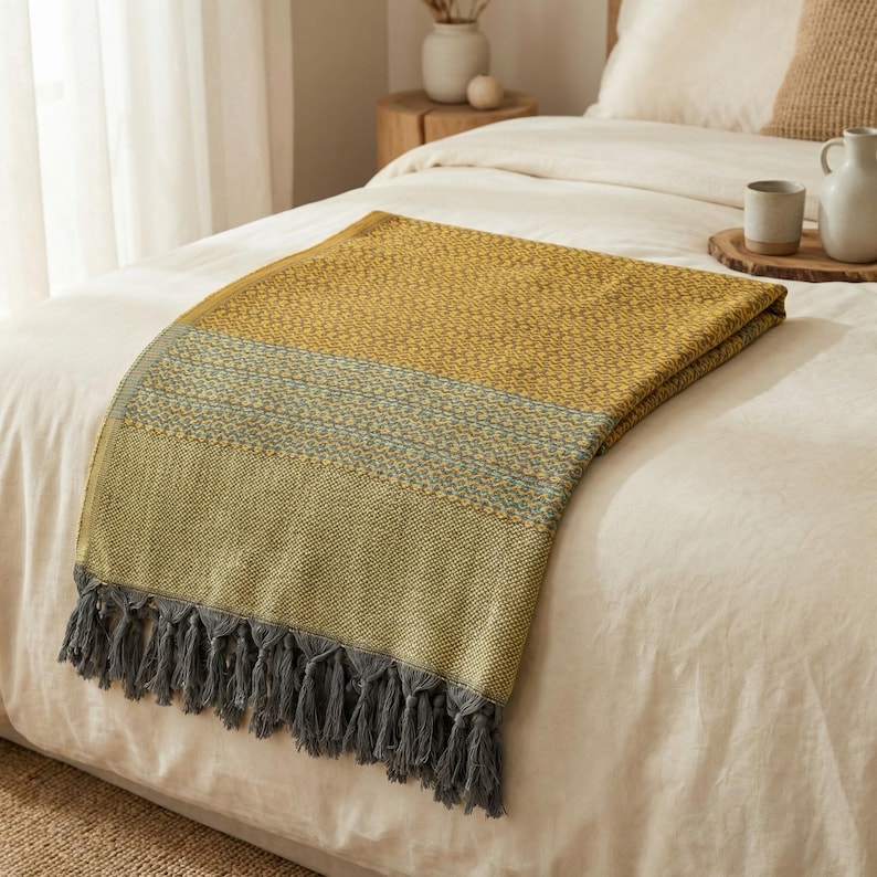 May include: A folded mustard yellow and green throw blanket with a blue stripe and gray fringe. The blanket is made of a woven fabric and is displayed on a white bed.