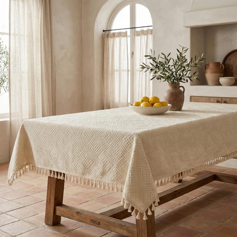 K&ouml;nnte beinhalten: Cremefarbene rechteckige Tischdecke mit einem strukturierten Rautenmuster und Fransenbesatz. Die Tischdecke ist &uuml;ber einem rustikalen Holztisch drapiert. Eine Sch&uuml;ssel mit Zitronen, eine Vase mit Olivenzweigen und andere dekorative Gegenst&auml;nde befinden sich auf dem Tisch.