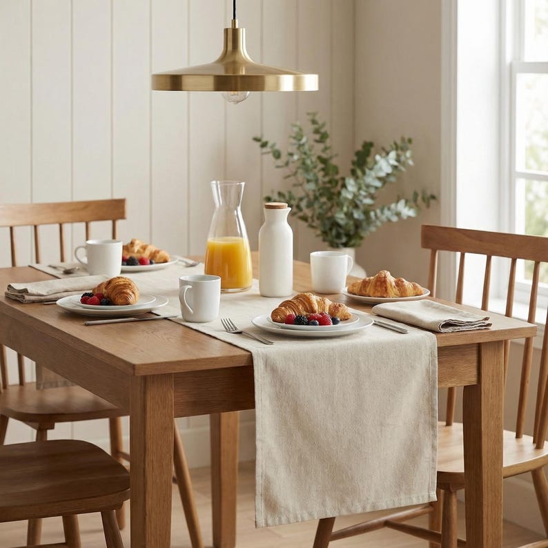 May include: A wooden dining table set for breakfast with croissants, berries, and juice. The table is set with white plates, mugs, and a beige runner. A gold-colored light fixture hangs above the table, and wooden chairs surround it.