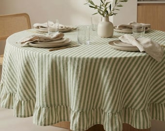 Groen gestreept rond tafelkleed, linnen tafelkleed met ruches, tafelkleed op maat, housewarmingcadeau voor haar