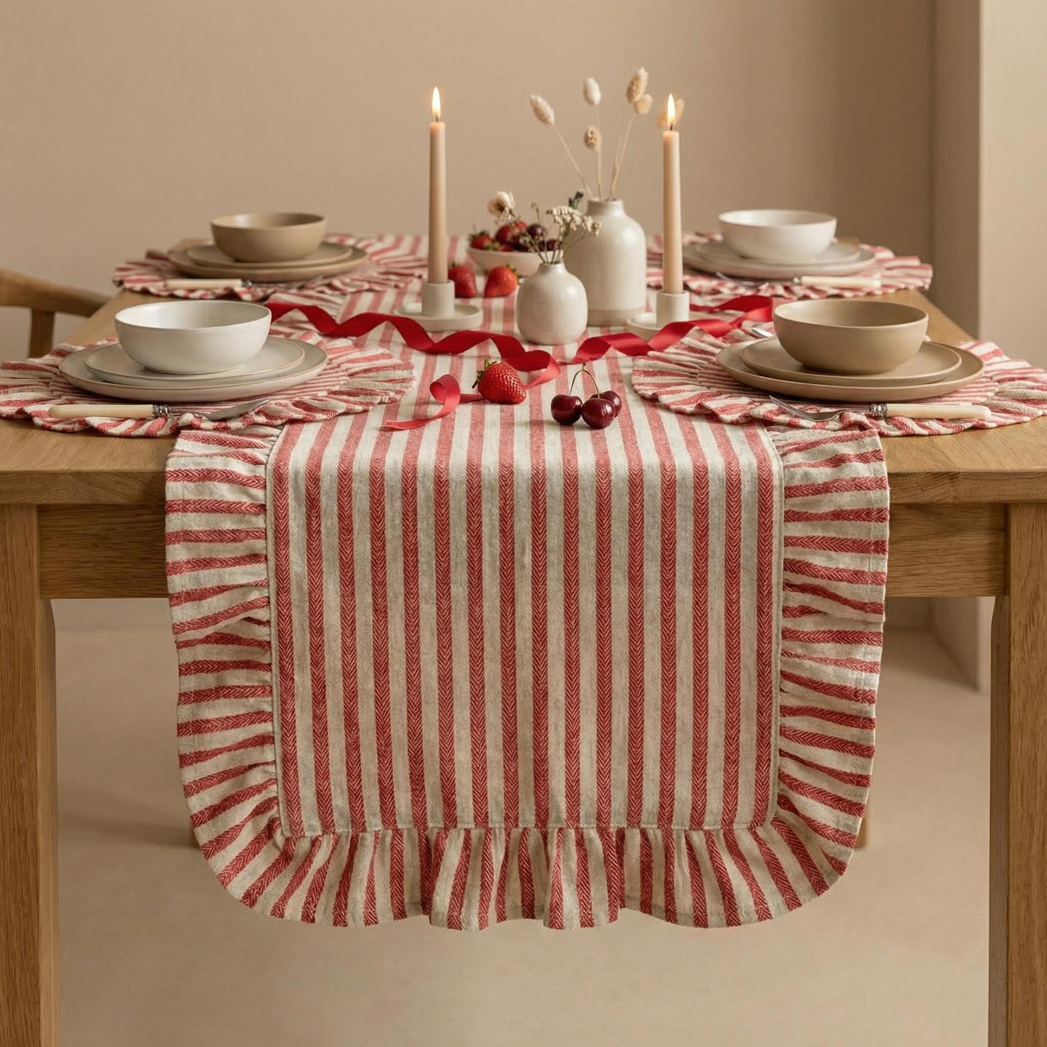 Linen Ruffle Table Runner Red Striped Ruffle Table Runner, Valentine Table Runner, Cotton Linen ...