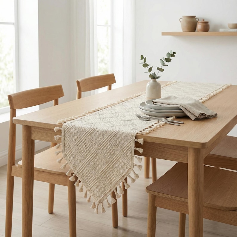 May include: A light wood dining table with a cream-colored table runner featuring a geometric pattern and tassel trim. The table is set with plates, silverware, and a folded napkin. Two wooden chairs are visible.