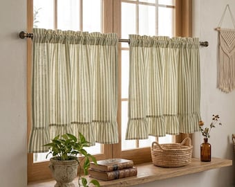 Green Striped Cotton Linen Cafe Curtains, Ruffled Light Filtering Window Treatments