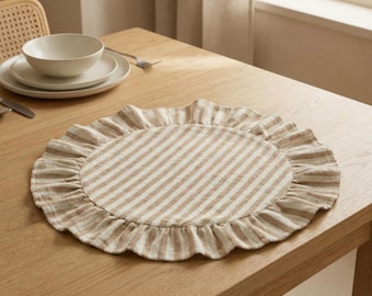 Beige Striped Round Ruffled Placemats, Cotton Linen Placemats Set, Custom Placemats Washable, Vintage Placemat For Table