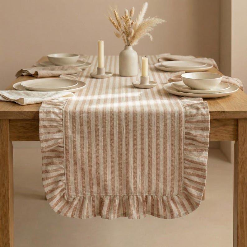 Beige gestreept rond tafelkleed, katoenlinnen tafelkleed met ruches, Franse tafelkleden, aangepaste tafelkleed, bruilofttafelkleden afbeelding 12