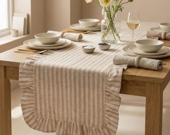 Handmade Beige Striped Cotton Linen Table Runner, Ruffle Edges