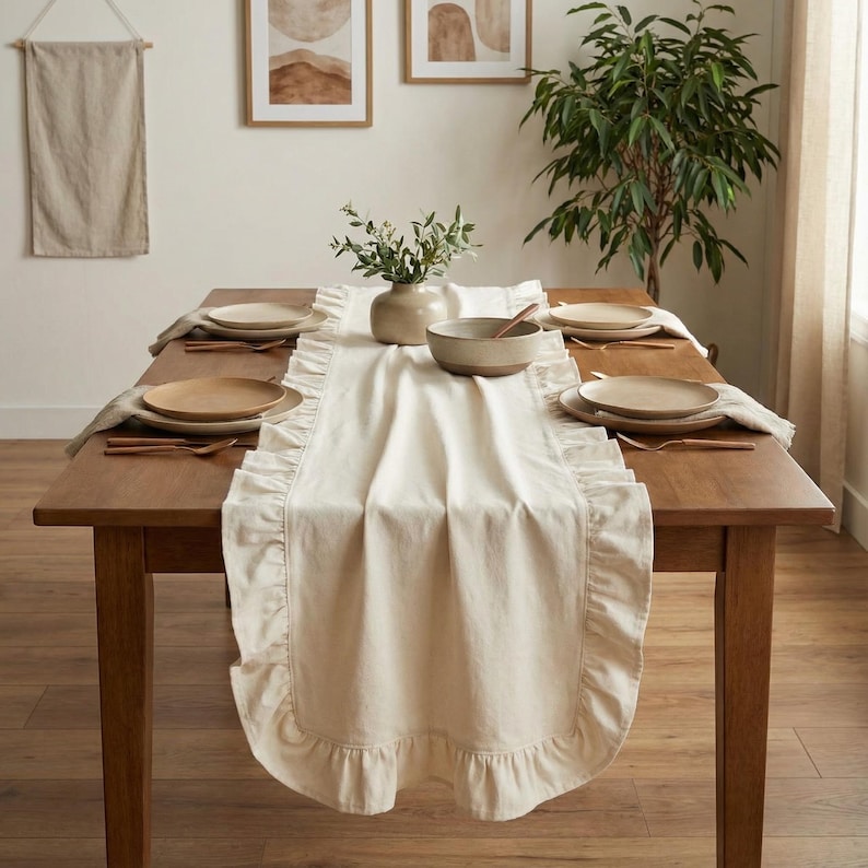 May include: A wooden dining table set for a meal. A cream-colored ruffled table runner runs down the center, with matching plates, napkins, and silverware set for six. A vase with greenery and a bowl are in the center.
