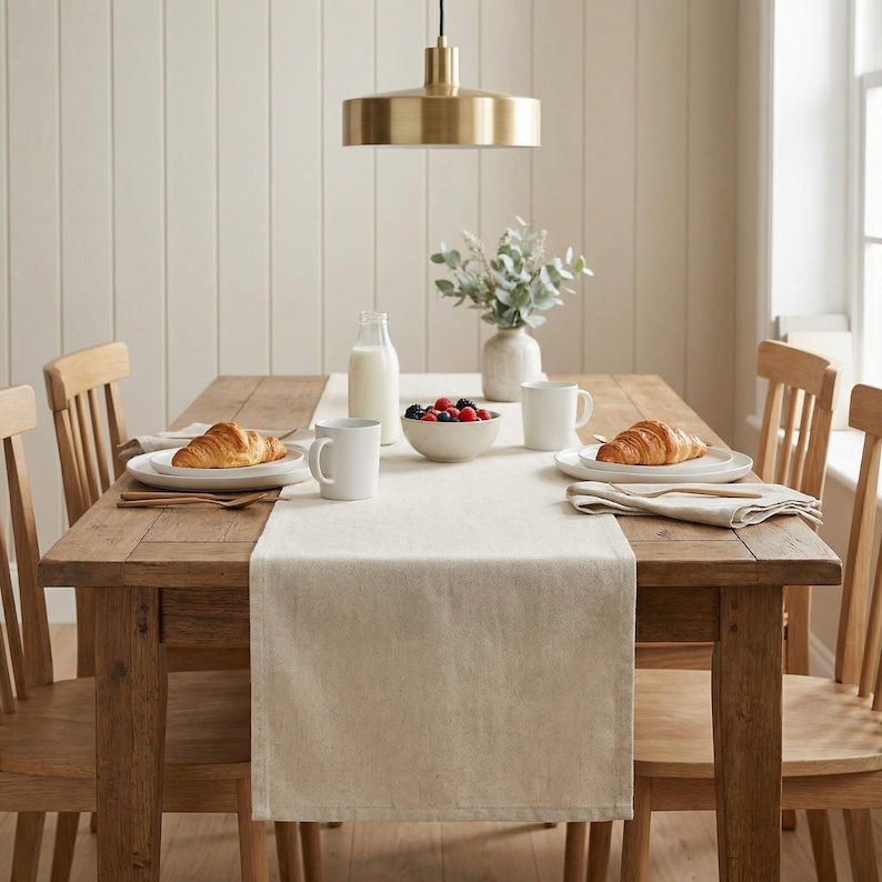 May include: A rustic wooden dining table set for breakfast. The table is adorned with a cream-colored runner, plates with croissants, white mugs, a bowl of berries, and a milk bottle. Wooden chairs surround the table, and a gold pendant light hangs above.