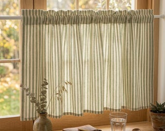 Green Striped Ruffle Cafe Curtains, Cotton Linen Light Filtering Kitchen Drapes