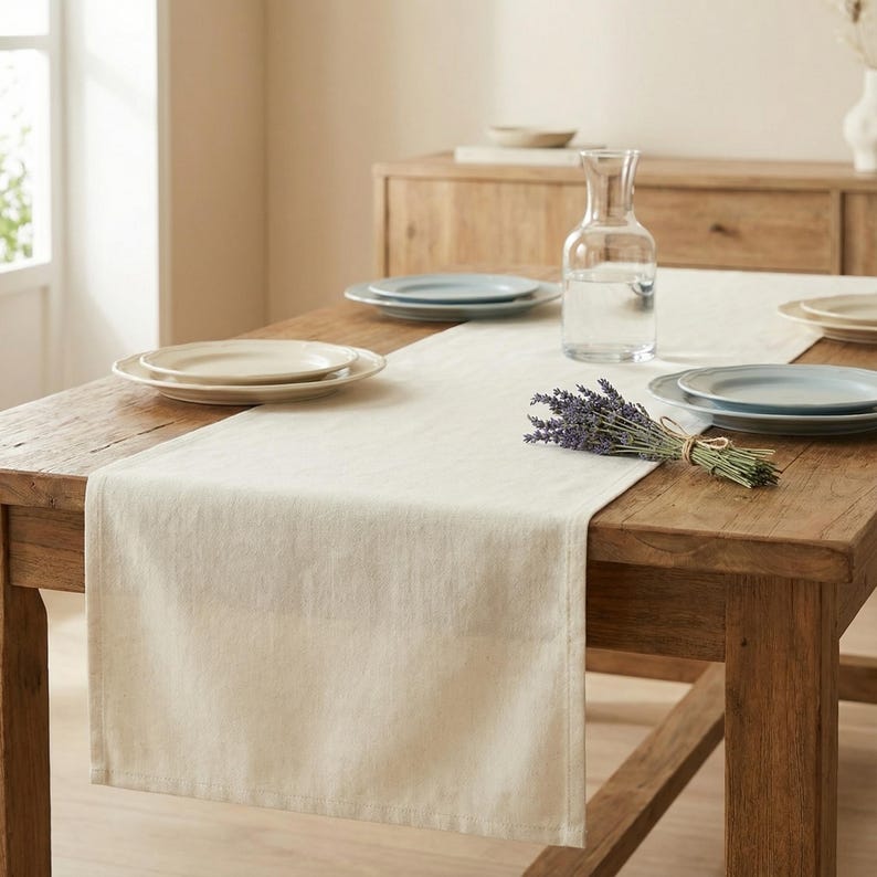 May include: A rustic wooden dining table is set with a cream-colored linen table runner. Beige and blue plates are arranged, along with a clear glass water carafe and a bundle of lavender. The table is in a well-lit room.