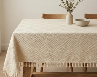 Vintage katoenen tafelkleed met kwastjes, gepersonaliseerd tafelkleed rechthoek, salontafelkleed, housewarmingcadeau voor haar