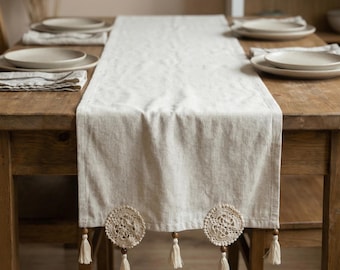 Vintage Lace Table Runner, Rustic Crochet Linen Table Runner, Custom Table Runner Boho, Housewarming Gift For Her