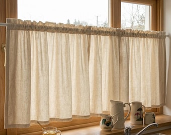 Ruffle Top Cotton Linen Cafe Curtains, French Door Curtains, Light Filtering Kitchen Curtains, Rod Pocket Oven Curtains