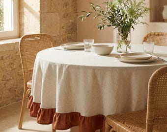 Colored Ruffled Round Tablecloth, Cotton Linen Ruffle Tablecloth, Custom Round Table Cloth