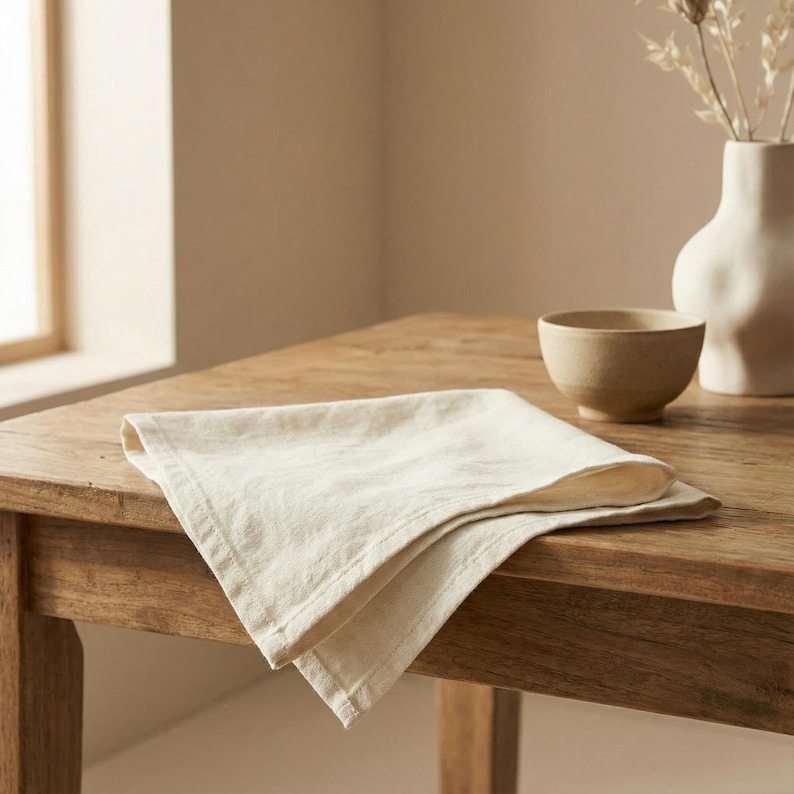 May include: A folded, off-white linen napkin rests on a wooden table. The napkin is square with a visible seam. A small, beige bowl and a white vase with dried flowers are in the background, suggesting a dining or home decor theme.