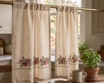 Embroidered Floral Cotton Linen Cafe Curtains, Vintage Farmhouse Kitchen Tier Valance