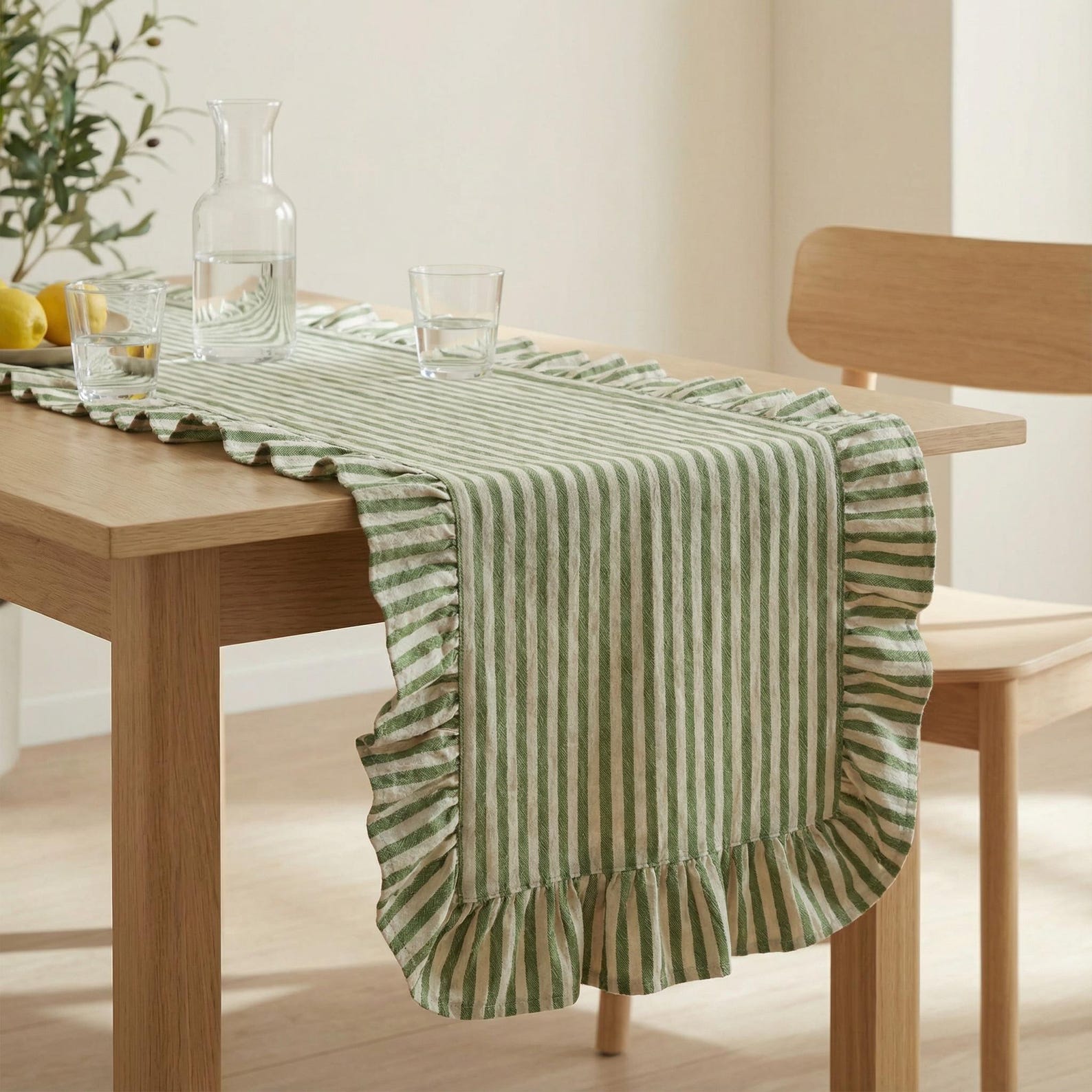 Green Striped Ruffle Table Runner, Custom Table Runner, French Linen Table Runner, Coffee Table Runner - 16x47" (40x120cm), Forest Green Striped