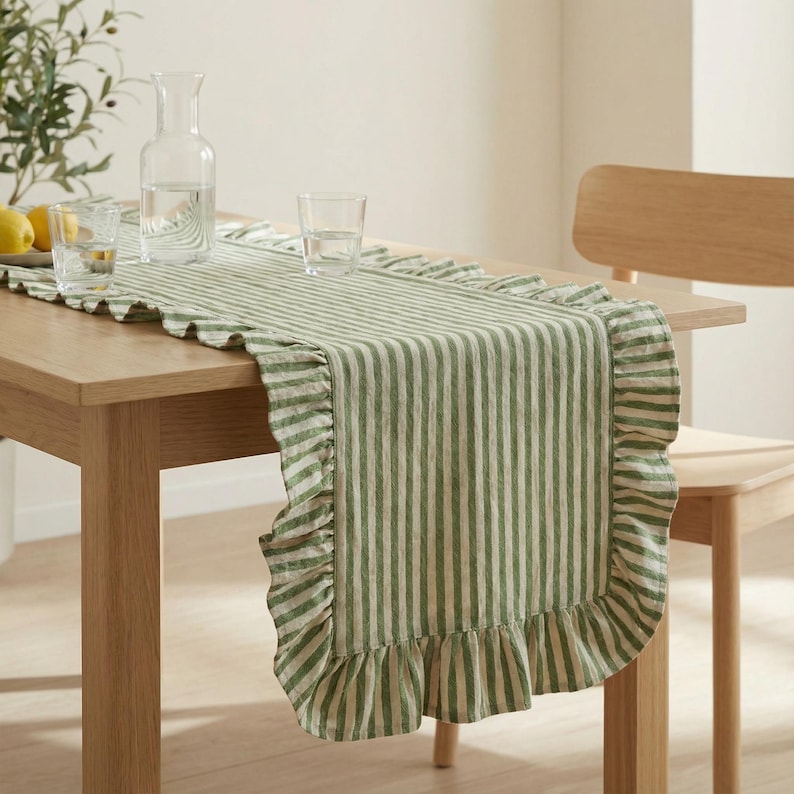 May include: A green and white striped table runner with ruffled edges. The runner is placed on a light wood table, with glasses and a water pitcher visible. The runner adds a touch of elegance to the dining table.