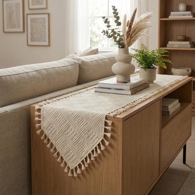 May include: A cream-colored table runner with a textured geometric pattern and tassel trim. The runner is displayed on a wooden cabinet, with a vase of dried flowers and a potted plant. The scene evokes a sense of cozy, neutral-toned home decor.