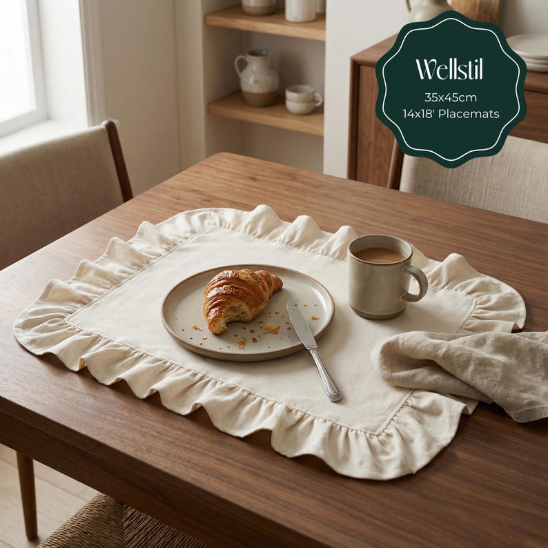 May include: Cream-colored placemat with ruffled edges, set on a wooden table. A plate with a croissant, a mug of coffee, a knife, and a folded napkin are on the placemat. The placemat measures 14x18 inches.