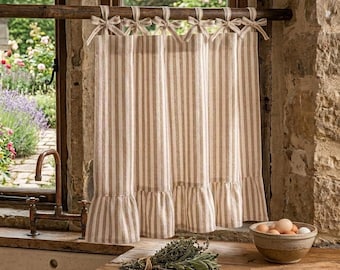 Beige Striped Ruffle Tie Top Curtains, Cotton Linen Cafe Window Panels