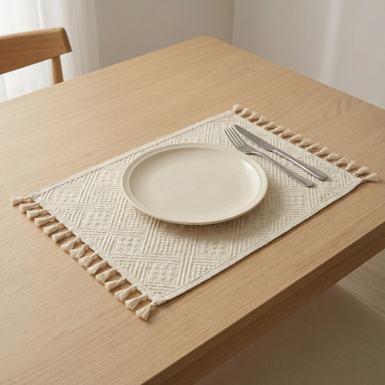 K&ouml;nnte beinhalten: Ein cremefarbener Tischset mit geometrischem Muster und Quastenbesatz, zusammen mit einem wei&szlig;en Teller, einer Gabel und einem Messer. Das Essarrangement befindet sich auf einem hellen Holztisch und schafft eine neutrale und einladende &Auml;sthetik.