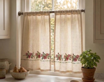 Rideaux café en coton et lin, rideaux brodés floraux, rideaux passe-tringle, rideaux de cuisine à languette