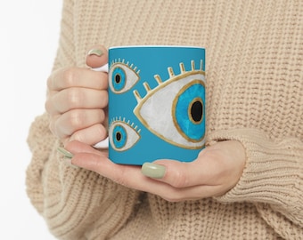 Evil Eye Mug, Turquoise 11oz Ceramic Coffee and Tea Mug for Breakfast