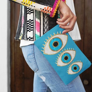Bolsa de acessórios para mau-olhado turquesa, bolsa de cosméticos, estojo de maquiagem de viagem, bolsa com zíper, organizador de maquiagem, presente para ela 30 cm