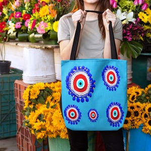 Turquoise Evil Eye Tote Bag, Shopping Bag - Stylish Shoulder Bag for Protection, Gift for Shopaholics, Grocery Tote, Beach Bag, Market Tote,