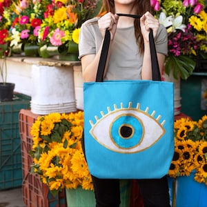 Turquoise Evil Eye Beach Bag Greek Blue Bead AOP Tote Bag Turkish Nazar Evil Eye Gift Handbag Shoulder Bag