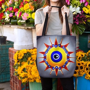 Evil Eye Tote Bag, Shoulder Bag, Beach Bag, Shopping Bag, Reusable Grocery Bag, Boho Fashion
