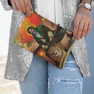 Multi Color Hazrat Imam Ali Zippered Pouch, Lion Patterned Bag, Large Accessory Purse