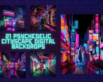 Cyberpunk digitale achtergronden - 21 psychedelische Cityscape digitale achtergronden Digitale download - fantasie, futuristisch, achtergrond, hoge resolutie