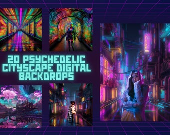 Cyberpunk digitale achtergronden - 20 psychedelische Cityscape digitale achtergronden Digitale download - fantasie, futuristisch, achtergrond, hoge resolutie