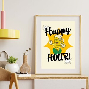 Happy Hour, Retro Character Wall Art, Downloadable Art, Wall Decor, Large Printable Art, Printable Wall Art Retro Illustration Poster Trendy