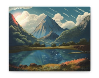 Serene Mountainscape Digital Painting on Canvas