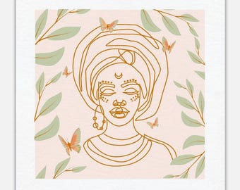 Black Woman Line Art Canvas – Afrocentric Feminine Wall Print
