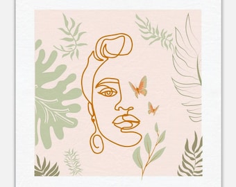 Black Woman Line Art Portrait – Minimalist Botanical Canvas