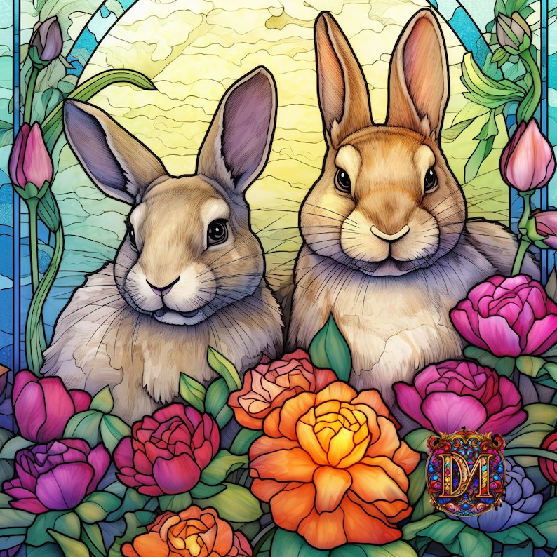 Digital Art Print: Rabbits on Stained Glass, Instant Downloadable JPG ...