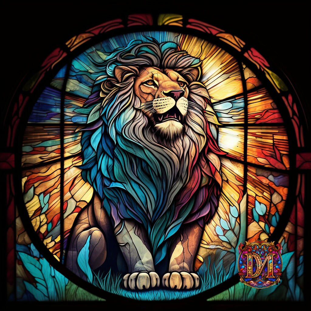 RED ASHAY LIONレッドアッシェイ ライオンFrosted Glass Digital Art Print: Lion on Stained Glass, Instant